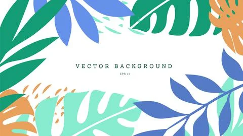Vector exotic background with colored blooming leaves, monstera, palm, abstra Stock Illustration