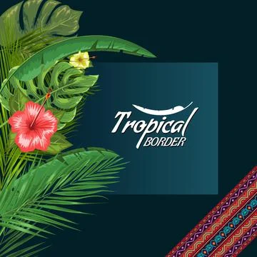 Vector exotic frame with palm leaves and flower with empty copyspace. Flat and Stock Illustration