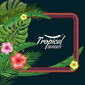 Vector exotic frame with palm leaves and flower with empty copyspace. Flat and Stock Illustration