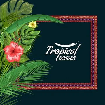 Vector exotic frame with palm leaves and flower with empty copyspace. Flat and Stock Illustration