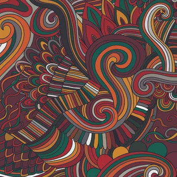 Vector of exotic ,multi coloured striped swirls and feather shapes filling frame イラスト素材