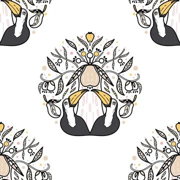 Vector Exotic Toucans under Guava Tree Design seamless pattern background Stock Illustration