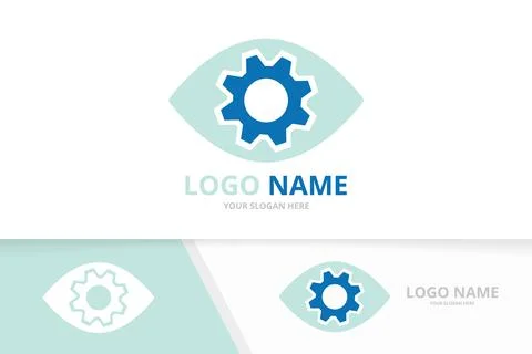Vector eye and gear logo combination. Unique industrial vision logotype design Stock Illustration