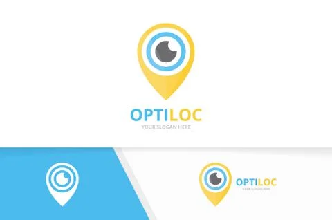 Vector eye and map pointer logo combination. Optic and gps locator symbol or Illustrazione stock