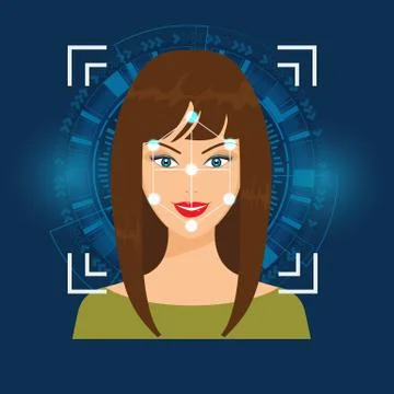 Vector Face Recognition or Faceprint technology scanning woman's face with Stock Illustration