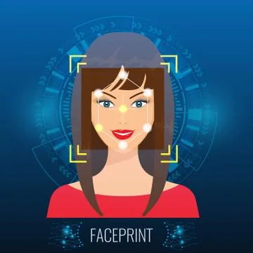 Vector Face Recognition or Faceprint technology scanning woman's face with Stock Illustration
