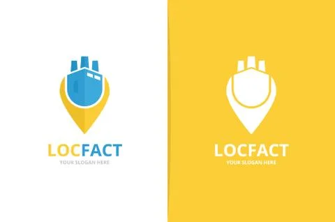 Vector factory and map pointer logo combination. Industry and gps locator symbol Illustrazione stock