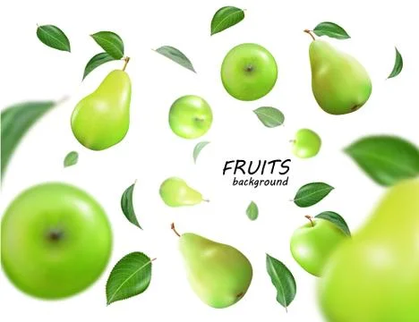 Vector falling green apples and pears isolated on white background. The fruit as Stock Illustration