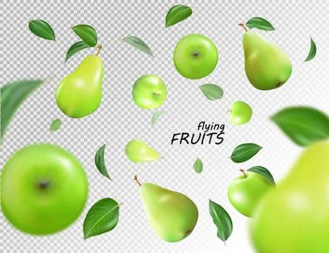 Vector falling green apples and pears isolated on transparent background. The Illustrazione stock