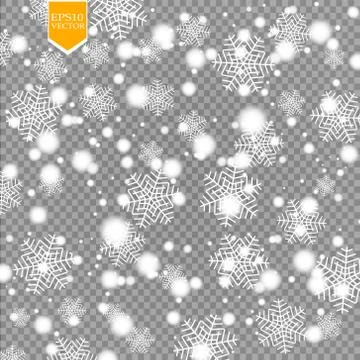 Vector falling snow effect isolated on transparent background with blurred bokeh Stock Illustration