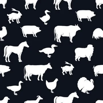 Vector farm animals and poultry background. Black and white illustration. Hand Stock Illustration