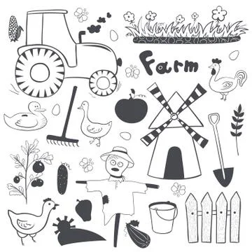 Vector farm black and white illustrations set in doodle style Stock Illustration