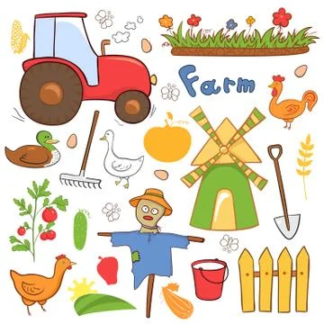 Vector farm cute illustrations set in doodle style Stock Illustration