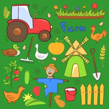 Vector farm cute illustrations set in doodle style Stock Illustration