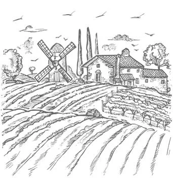 Vector Farm Engraved Style Drawing Stockillustratie