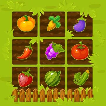 Vector farm game field match 3 with with a wooden fence and berries. Stock Illustration