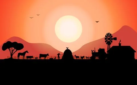 Vector farm silhouette with a ranch animals Stock Illustration