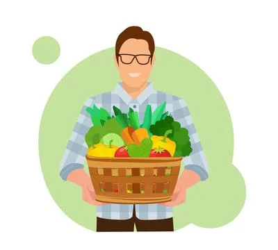Vector of a farmer holding a basket with fresh vegetables Stock Illustration