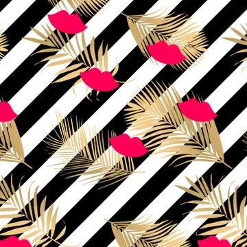Vector fashion background with black stripes and gold palm leaves Stock Illustration