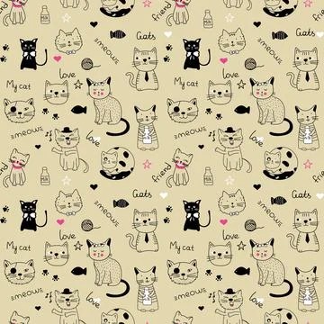 Vector fashion cat seamless pattern. Cute kitten illustration in sketch style Stock Illustration