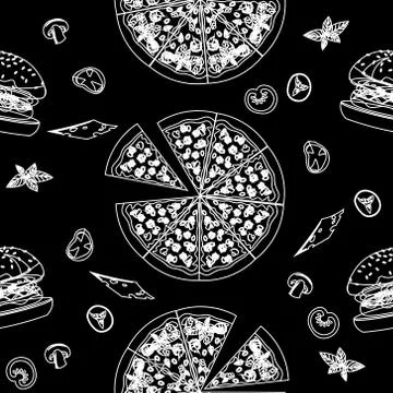 Vector fastfood pattern. Pizza, burger, vegetables. White outlines on a black Stock Illustration