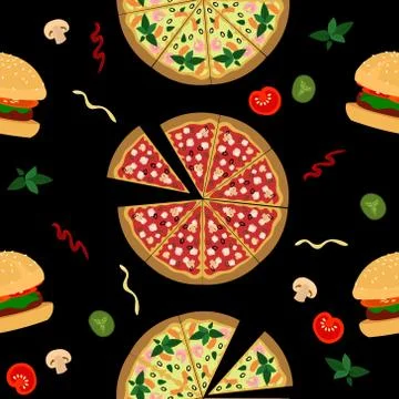 Vector fastfood pattern. Pizza, hamburger, vegetables and sauces on a black b Stock Illustration