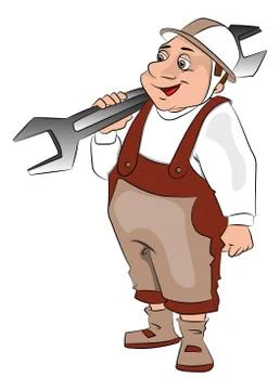 Vector of fat repairman carrying a spanner. 스톡 일러스트