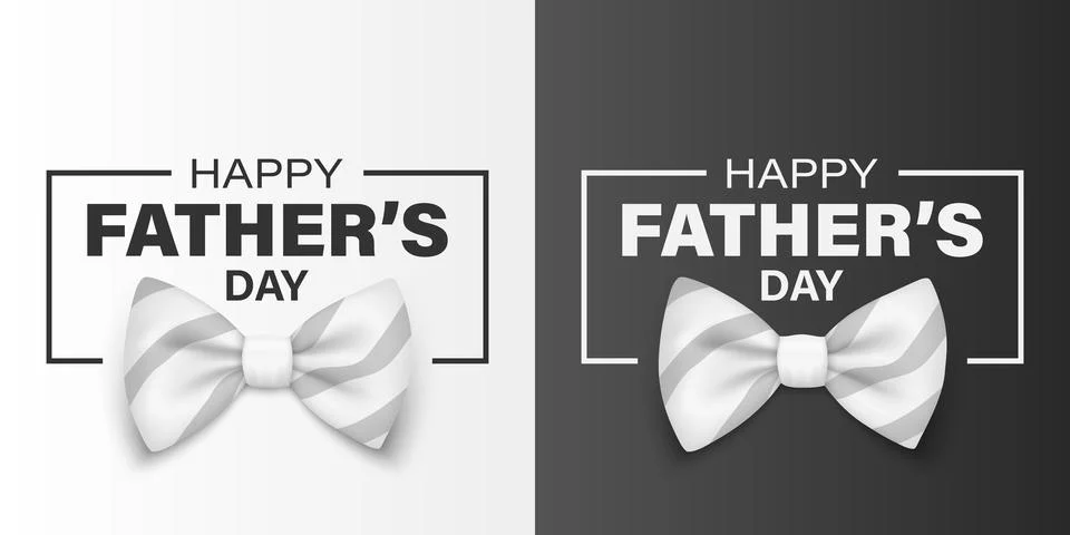 Vector Fathers Day Banner. Text with 3d Realistic Silk White Striped Bow Tie Stock Illustration
