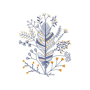 Vector feather with flowers in dark blue Stock Illustration