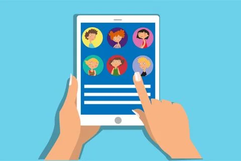 Vector female hands hold a tablet and click on the icon with a portrait Stock Illustration