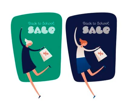 Vector female school banner template. Happy girl with shopping bag. Stock Illustration