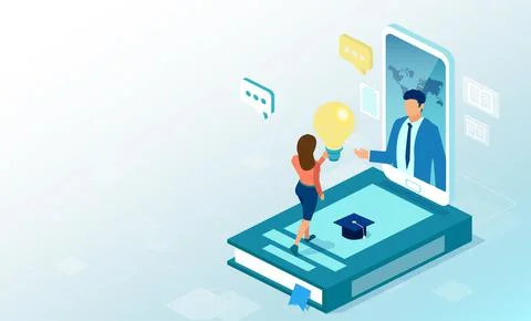 Vector of a female student using online education app being advised by intern Stock Illustration