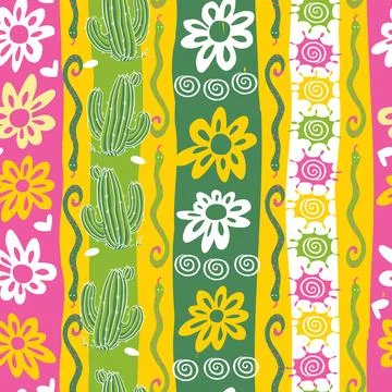 Vector festive cactus and daisy flowers verticle stripes with snakes seamle.. Stock Illustration