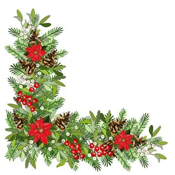 Vector festive element with holly, cones, mistletoe. Hand drawing illustratio Stock Illustration