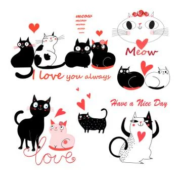 Vector festive funny set of enamored cute cats Stock Illustration