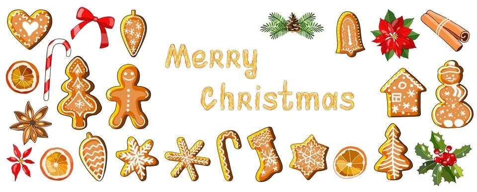 Vector festive objects. Gingerbreads and New year and Christmas symbols. Stock Illustration