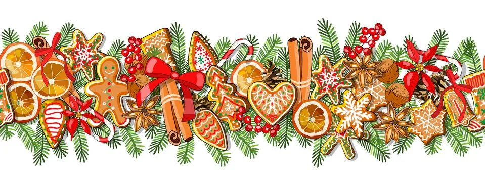Vector festive seamless border isolated on white background. Gingerbreads and Stock Illustration