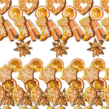 Vector festive seamless. Gingerbreads and New year and Christmas symbols. Stock Illustration