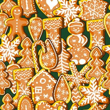 Vector festive seamless. Gingerbreads and New year and Christmas symbols. Stock Illustration