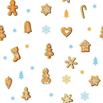 Vector festive seamless. Gingerbreads and New year and Christmas symbols. Stock Illustration