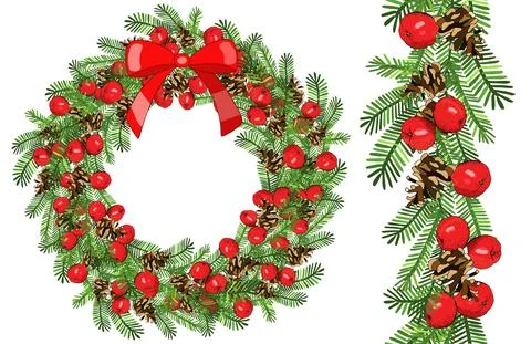Vector festive wreath isolated on white background. Stock Illustration