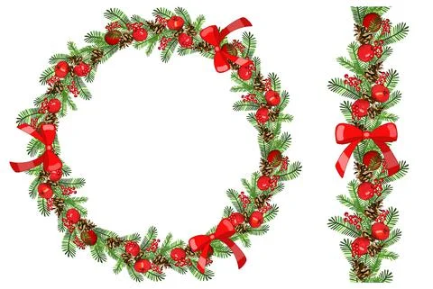 Vector festive wreath isolated on white background. Hand drawing illustration Stock Illustration