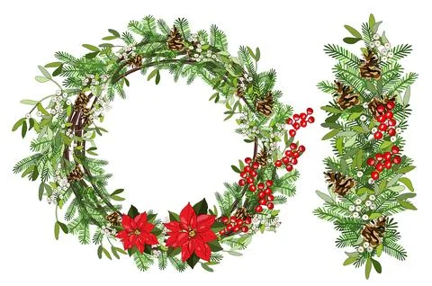 Vector festive wreath whith mistletoe, cone, branch, holly, poinsettia Stock Illustration