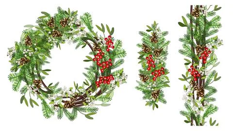 Vector festive wreath whith mistletoe, cone, branch, holly isolated on white  Stock Illustration
