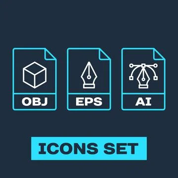Vector file format icons set including OBJ 3D cube, EPS pen tool, and AI ve.. Stock Illustration