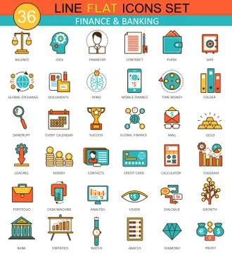 Vector Finance and banking flat line icon set. Modern elegant style design for Stock Illustration