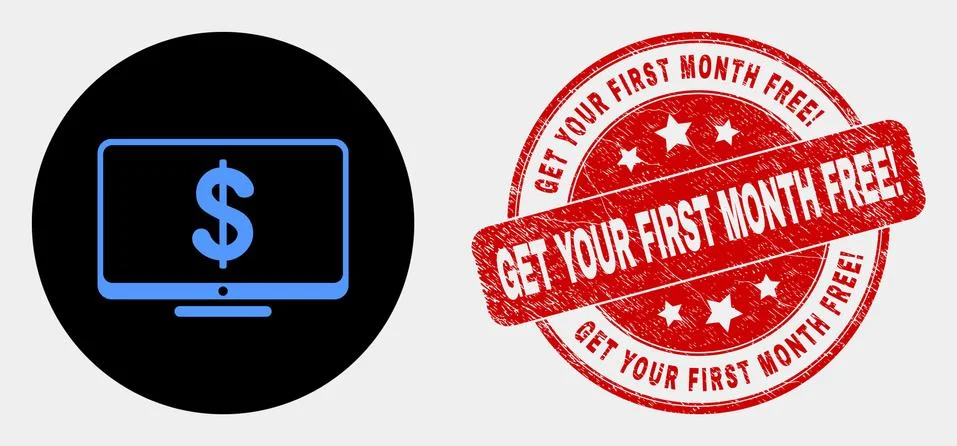 Vector Financial Display Icon and Grunge Get Your First Month Free! Stamp Stock Illustration