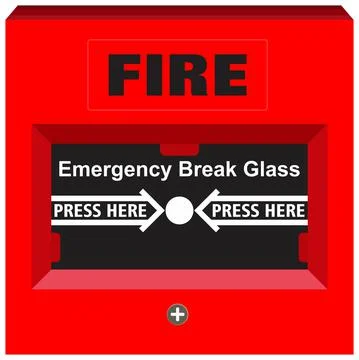 Vector fire alarm emergency break glass press here warning tool device red box Stock Illustration