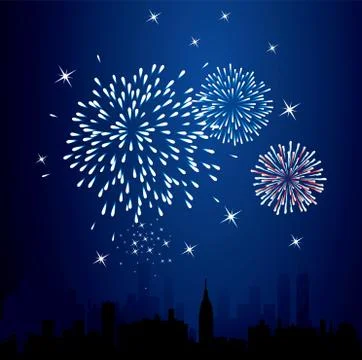 Vector fireworks over a city Stock Illustration