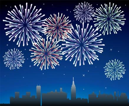 Vector fireworks over a city Stock Illustration